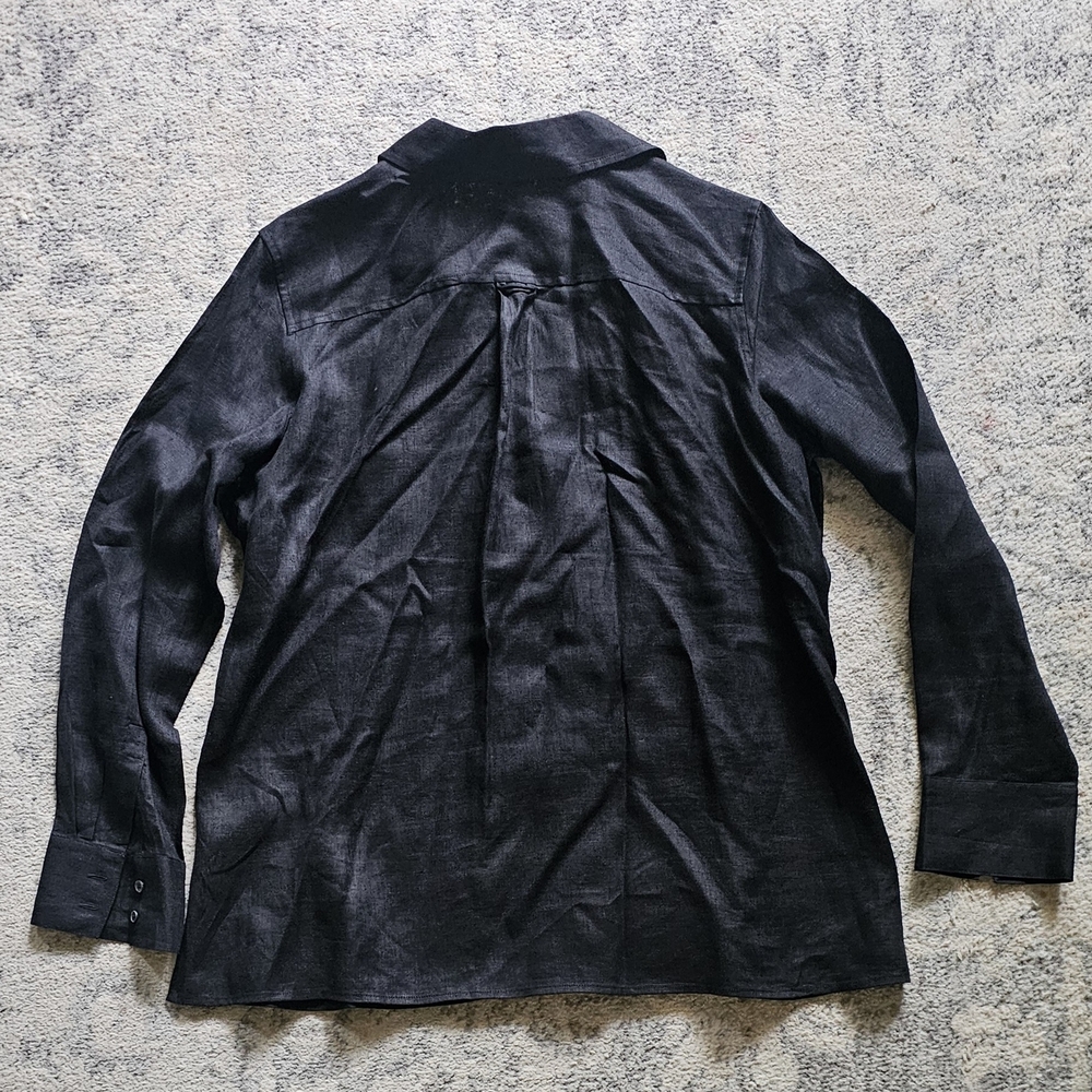 Talbots Women's Top Blouse Size 14 Irish Linen Solid Black Button Up 3/4 Sleeves - Picture 2 of 5